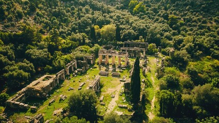Aerial view of ancient ruins surrounded by lush greenery, showcasing the beauty of historical architecture in a natural setting.