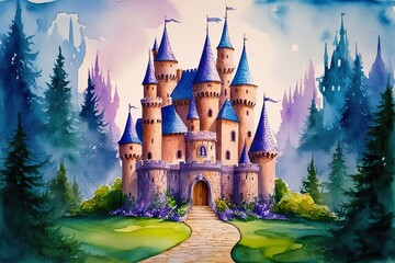 Enchanting Watercolor Fantasy Art Featuring a Mystical Castle in a Dreamlike Landscape