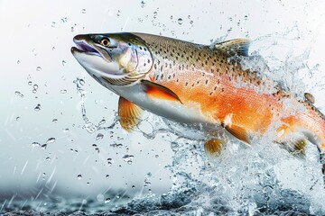 Obraz premium Salmon Jumping Out of Water with Blue Splash, High Resolution Photograph on White Background