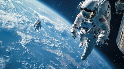 Fototapeta premium An astronaut floating in space with Earth in the background, showcasing the beauty of the universe and human exploration.