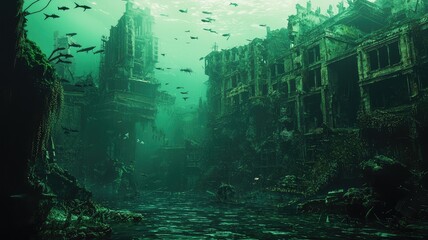 An eerie underwater scene showcasing an abandoned city, where marine life thrives among the ruins of man-made structures.