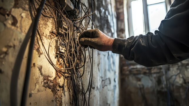 An electrician inspects messy wiring in an outdated building, showcasing the complexity of electrical systems and safety considerations.