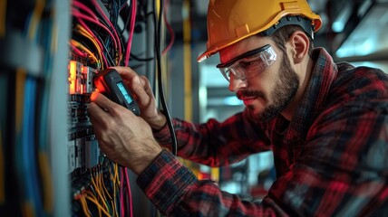 An electrician works meticulously on wiring, ensuring safety and precision with tools, wearing protective gear in a professional setting.
