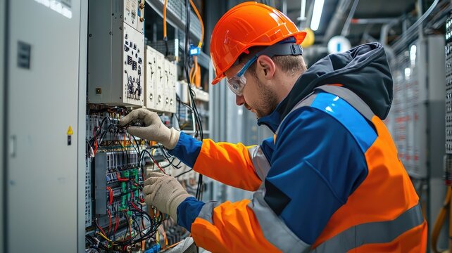 An electrician working on control panels in a modern facility, wearing safety gear and focused on intricate wiring.