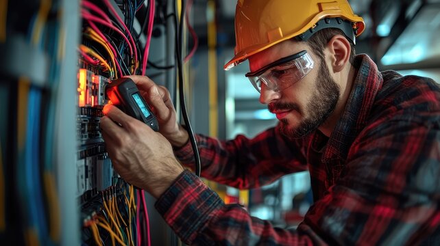 An electrician works meticulously on wiring, ensuring safety and precision with tools, wearing protective gear in a professional setting.