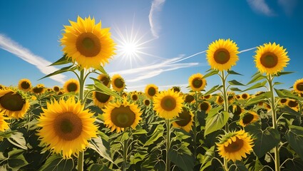 a sprawling vibrant yellow sunflower field, with thousands of tall, statuesque flowers towering above the earth, their bright yellow petals shining like miniature suns, standing upright on sturdy gree