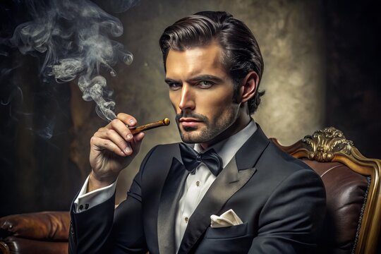 A suave, dark-suited man with a slicked-back hairstyle and gold jewelry smokes a cigar, exuding confidence and