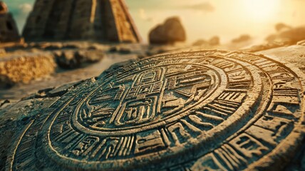 Ancient stone carving featuring intricate designs under warm sunset light, evoking mystery and history on a beach.