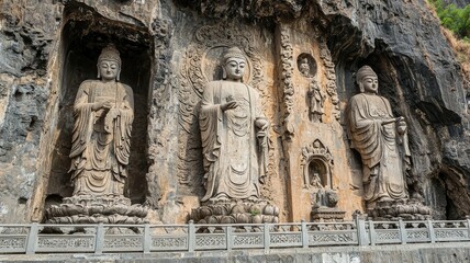 Ancient stone statues of Buddhas carved into a rocky cliff, showcasing intricate designs and serene expressions. A mesmerizing sight.