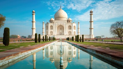 Fototapeta premium Beautiful view of the Taj Mahal reflecting in the water, surrounded by lush gardens under a clear blue sky.