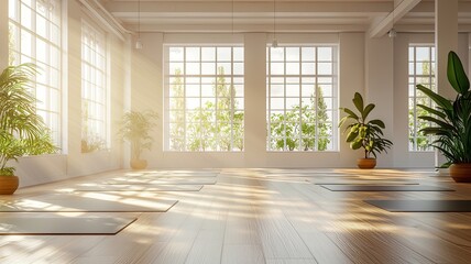 Fototapeta premium Bright and serene yoga studio with natural light, wooden floor, and green plants, perfect for meditation and relaxation activities.