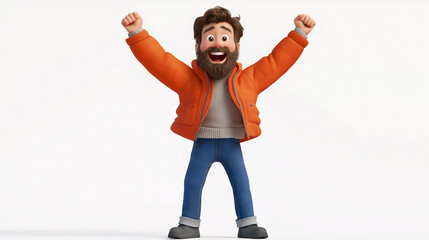 Happy Cartoon Man Celebrating Victory With Fists Up - 3D Style Success Concept, Young Adult Triumph, Joyful Achievement Expression