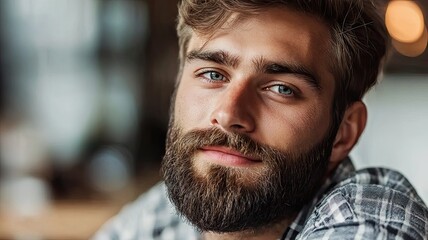 Fototapeta premium Close-up portrait of a young man with a beard, smiling softly in a cozy, relaxed environment with warm lighting.