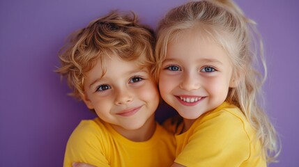 Two young children are smiling and hugging each other in yellow shirts