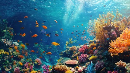 Naklejka premium Colorful coral reef underwater scene teeming with diverse fish and vibrant marine life, showcasing the beauty of ocean ecosystems.