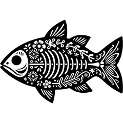 Silhouette of fish skeleton is decorated with Mexican floral patterns and in monochrome. Simple minimalistic vector in black ink drawing on transparent background