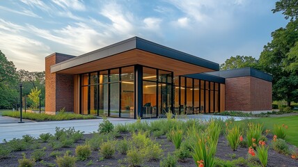 Large windows and a brick facade with wood accents characterize the dental practice.