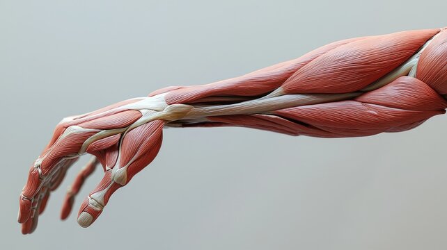Detailed anatomical model of a human arm displaying muscles and tendons, ideal for educational and medical reference.