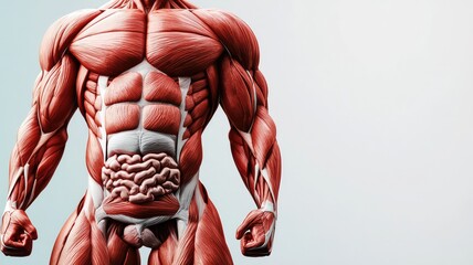 Detailed anatomical model showcasing human muscles and organs for educational and medical purposes.