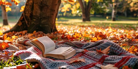 A Peaceful Autumn Park with a Plaid Blanket and a Classic Novel Resting on it, Nestled under a Golden-Leaved Maple Tree, Bathed in Soft, Warm Sunlight.
