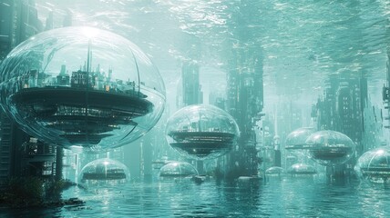 Futuristic underwater city with transparent domes, showcasing advanced architecture and a serene aquatic environment.