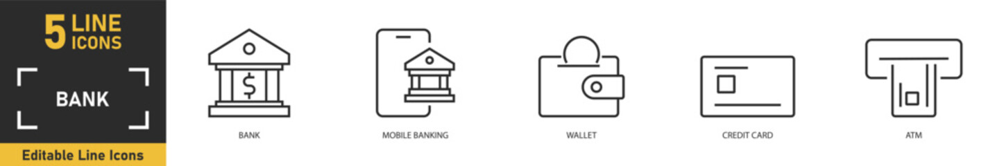 Fototapeta premium Bank line icon set. Set of 5 outline icons related to bank, mobile banking, wallet, credit card, atm and more. Vector illustration.