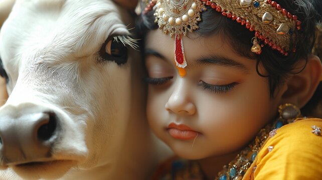 Indian religions like Hinduism hold devotional events whereby this adorable child Krishna is with the venerated cow.