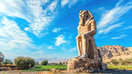 Majestic ancient statue standing against a vibrant blue sky, symbolizing the grandeur of historic civilization.