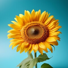 Obraz premium Bright sunflowers with vibrant yellow petals and green stems, set against a light blue background, creating a sunny and cheerful ambiance with soft shadows.
