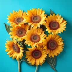 Bright sunflowers with vibrant yellow petals and green stems, set against a light blue background, creating a sunny and cheerful ambiance with soft shadows.