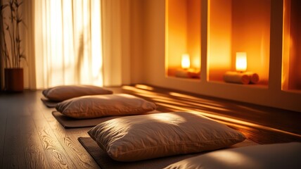 Relaxing wellness space with cushions and calming light, creating a serene atmosphere ideal for meditation and tranquility.