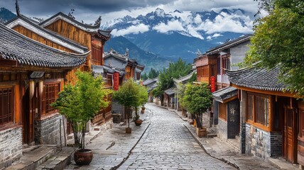 Fototapeta premium Scenic old town with traditional wooden houses and a cobblestone street, set against majestic mountain backdrop.