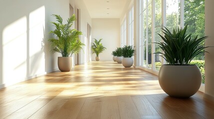 A bright hallway with potted plants and large windows, creating a serene atmosphere.