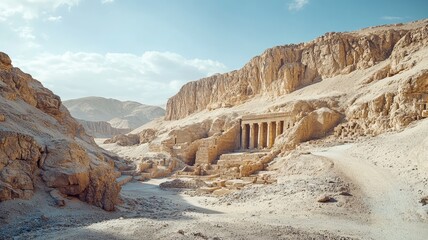 Scenic view of ancient temple ruins nestled in a mountainous desert landscape under a bright sky.