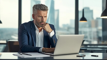 A handsome middle-aged businessman is sitting at his desk in the office, looking pensive and deeply focused on working with a laptop computer while holding his hand under his chin.
