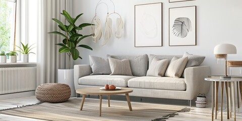 Obraz premium Bright and airy Scandinavian-style living room featuring sleek furniture, neutral tones, and simple yet elegant decor