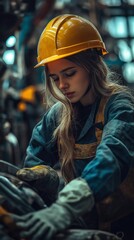 In an industrial workplace setting with scattered machinery and tools, a woman wearing a hard cap assists an injured coworker.