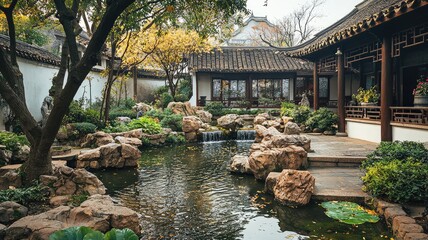 Naklejka premium Serene garden with a tranquil pond, surrounded by lush greenery and traditional architecture, inviting relaxation and peace.