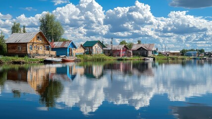 Fototapeta premium Serene lakeside view with charming wooden houses reflecting in the calm water under a bright blue sky with fluffy clouds.