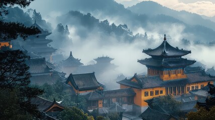 Obraz premium Serene landscape of traditional architecture surrounded by misty mountains, evoking tranquility and cultural heritage.