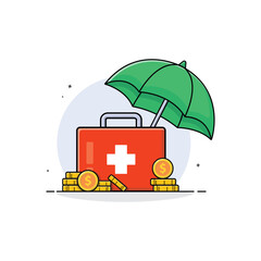 Emergency Bag with Money and Umbrella Vector Illustration. Emergency Support Fund Concept Design