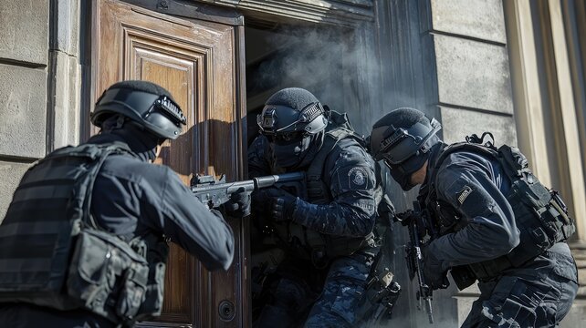Special forces engage in tactical entry with precision gear during a high-stakes operation in an urban setting.