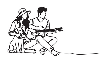 Continuous one line art hand drawing of a couple staying with their cute little dog and man playing classic acoustic guitar. Happy valentine day