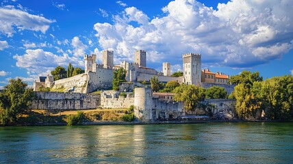 Stunning medieval castle overlooking a serene river under a vibrant blue sky filled with clouds, perfect for historical themes.