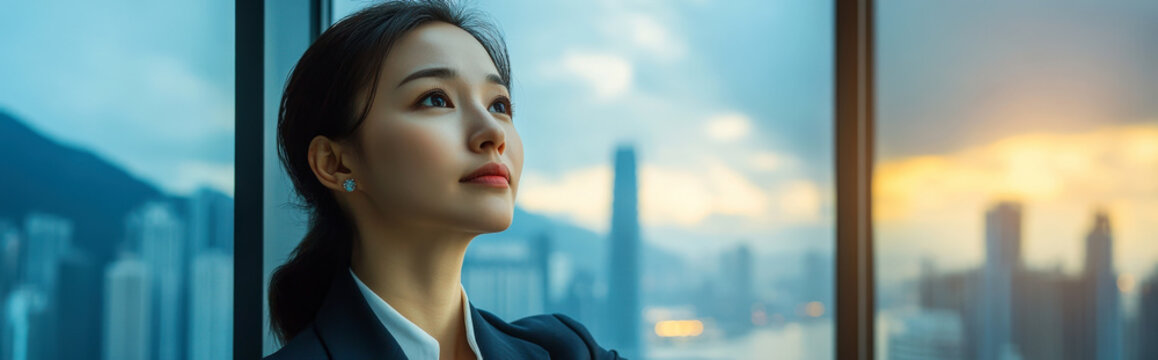 Asian woman in a business suit gazes thoughtfully out of a large window, overlooking the city skyline from her office - Powered by Adobe