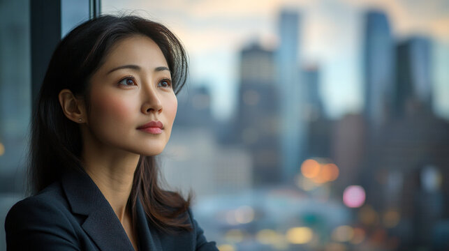 Asian woman in a business suit gazes thoughtfully out of a large window, overlooking the city skyline from her office