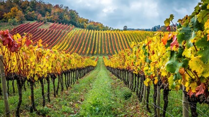 Stunning vineyard landscape with colorful autumn leaves and rows of grapevines under a cloudy sky.