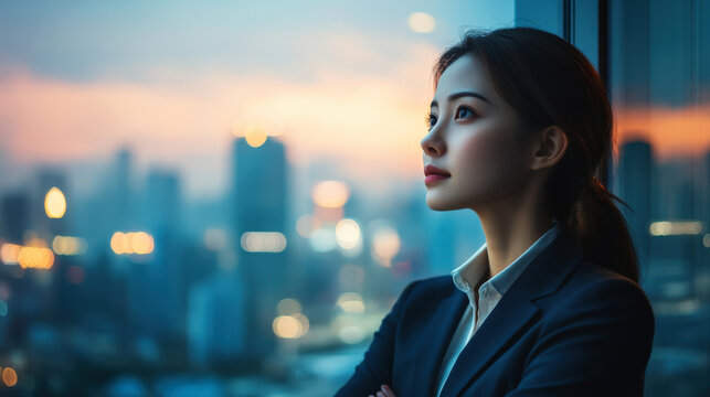 Asian woman in a business suit gazes thoughtfully out of a large window, overlooking the city skyline from her office