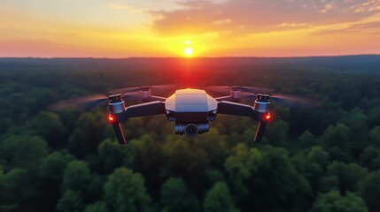 A drone flying over a forest at sunset, capturing the scenic landscape.