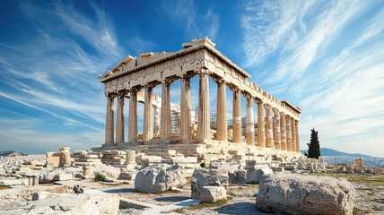 Obraz premium The Parthenon, an ancient temple in Athens, stands majestically against a blue sky, showcasing classical Greek architecture.